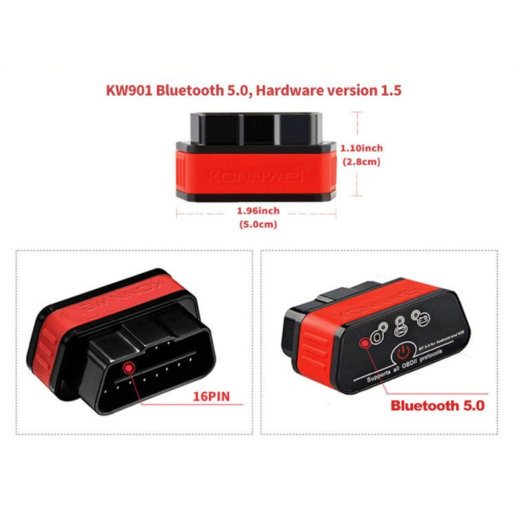 KONNWEI KW901 Android Phone OBD2 Car Bluetooth 5.0 Diagnostic Scan Tools(Red) - Code Readers & Scan Tools by KONNWEI | Online Shopping UK | buy2fix