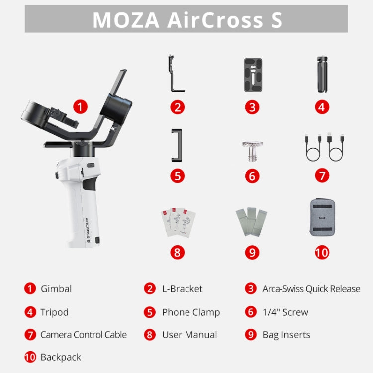 MOZA AirCross S 3 Axis Foldable Handheld Gimbal Stabilizer for DSLR Cameras and Smart Phone (White) - Handheld Gimbals by MOZA | Online Shopping UK | buy2fix