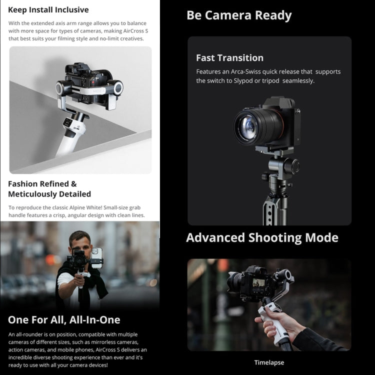 MOZA AirCross S 3 Axis Foldable Handheld Gimbal Stabilizer for DSLR Cameras and Smart Phone (White) - Handheld Gimbals by MOZA | Online Shopping UK | buy2fix