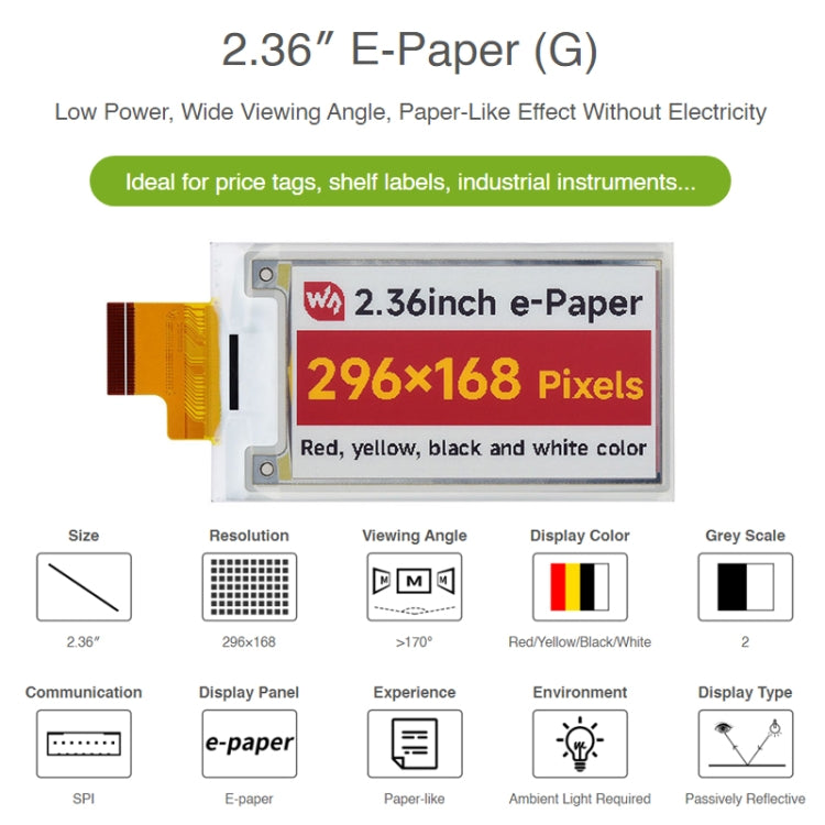 Waveshare 2.36 inch 296 x 168 Red Yellow Black White E-Paper (G) Raw Display Panel - Consumer Electronics by WAVESHARE | Online Shopping UK | buy2fix