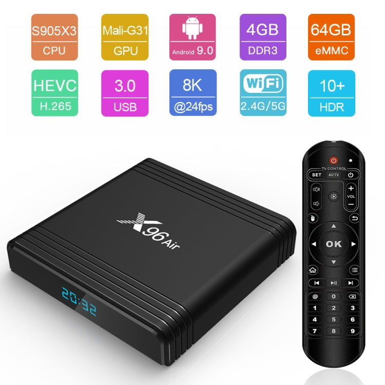 X96 Air 8K Smart TV BOX Android 9.0 Media Player with Remote Control, Quad-core Amlogic S905X3, RAM: 4GB, ROM: 32GB, Dual Band WiFi, Bluetooth, UK Plug - Consumer Electronics by buy2fix | Online Shopping UK | buy2fix