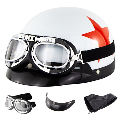 Soman Electromobile Motorcycle Half Face Helmet Retro Harley Helmet with Goggles(Bright White Red Star) - Helmets by SOMAN | Online Shopping UK | buy2fix