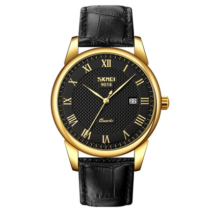 SKMEI 9058 Multifunctional Outdoor Fashion Waterproof Gold Shell Quartz Wrist Watch(Men Style Black Face Black Strap) - Leather Strap Watches by SKMEI | Online Shopping UK | buy2fix