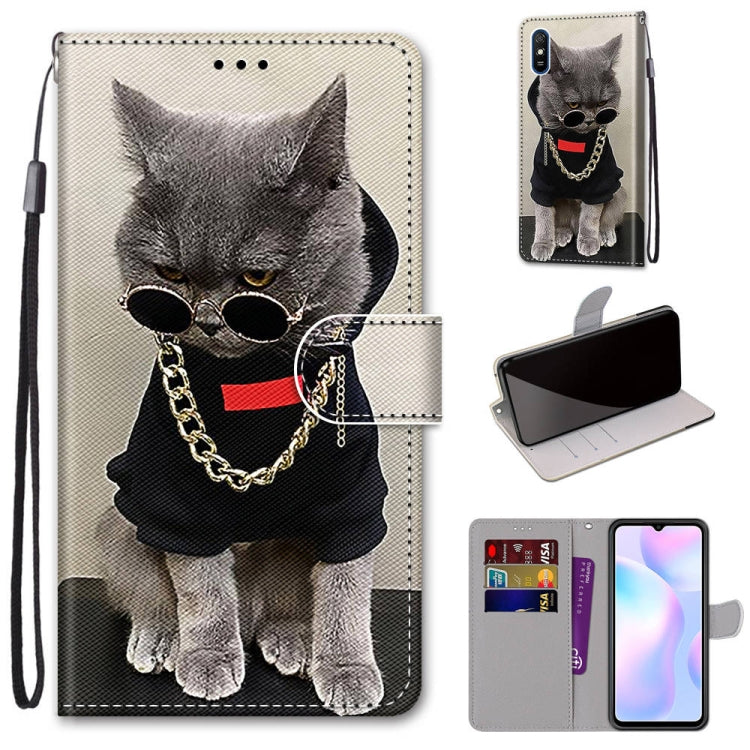 For Xiaomi Redmi 9A Coloured Drawing Cross Texture Horizontal Flip PU Leather Case with Holder & Card Slots & Wallet & Lanyard(Golden Chain Grey Cat) - Xiaomi Cases by buy2fix | Online Shopping UK | buy2fix