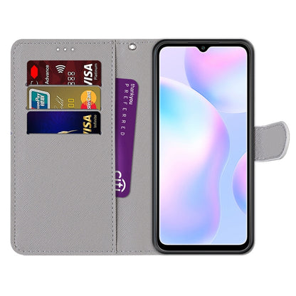 For Xiaomi Redmi 9A Coloured Drawing Cross Texture Horizontal Flip PU Leather Case with Holder & Card Slots & Wallet & Lanyard(Slant Hat Blue Mirror Cat) - Xiaomi Cases by buy2fix | Online Shopping UK | buy2fix