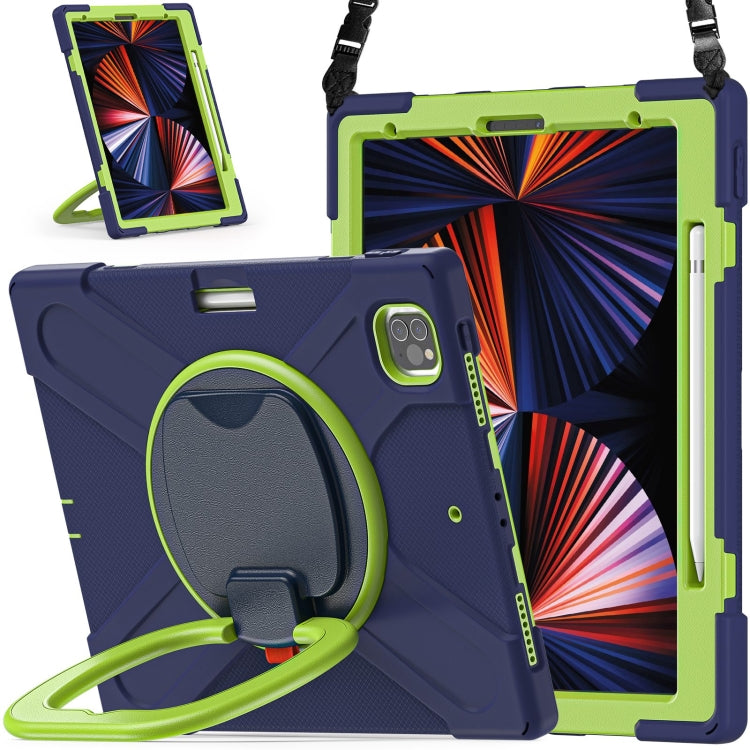 For iPad Pro 12.9 2022 / 2021 Silicone + PC Protective Tablet Case with Holder & Shoulder Strap(Navy Blue + Lime) - iPad Pro 12.9 (2022/2021) Cases by buy2fix | Online Shopping UK | buy2fix