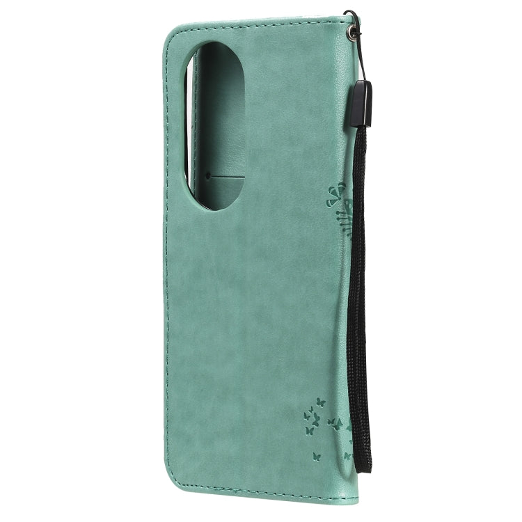 For Huawei P50 Pro Tree & Cat Pattern Pressed Printing Horizontal Flip PU Leather Case with Holder & Card Slots & Wallet & Lanyard(Green) - Huawei Cases by buy2fix | Online Shopping UK | buy2fix