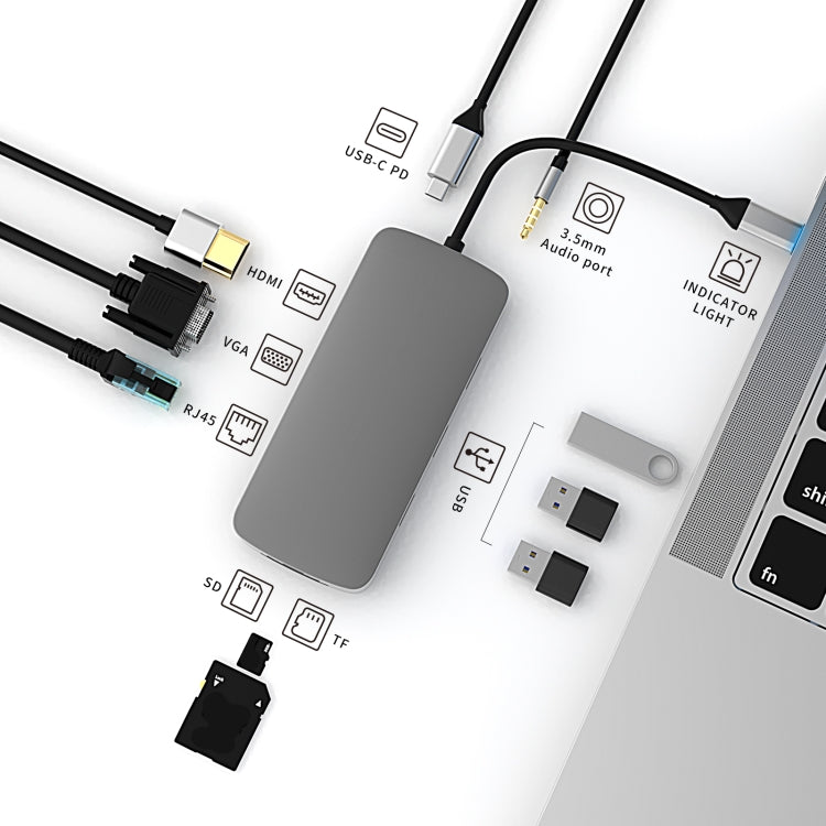 Basix BL10V 10 in 1 USB-C / Type-C to RJ45 + VGA + HDMI + 3.5mm AUX + SD / TF Card Slot + PD USB-C / Type-C + USB 3.0 + 2 USB 2.0 Ports Docking Station HUB - USB HUB by basix | Online Shopping UK | buy2fix