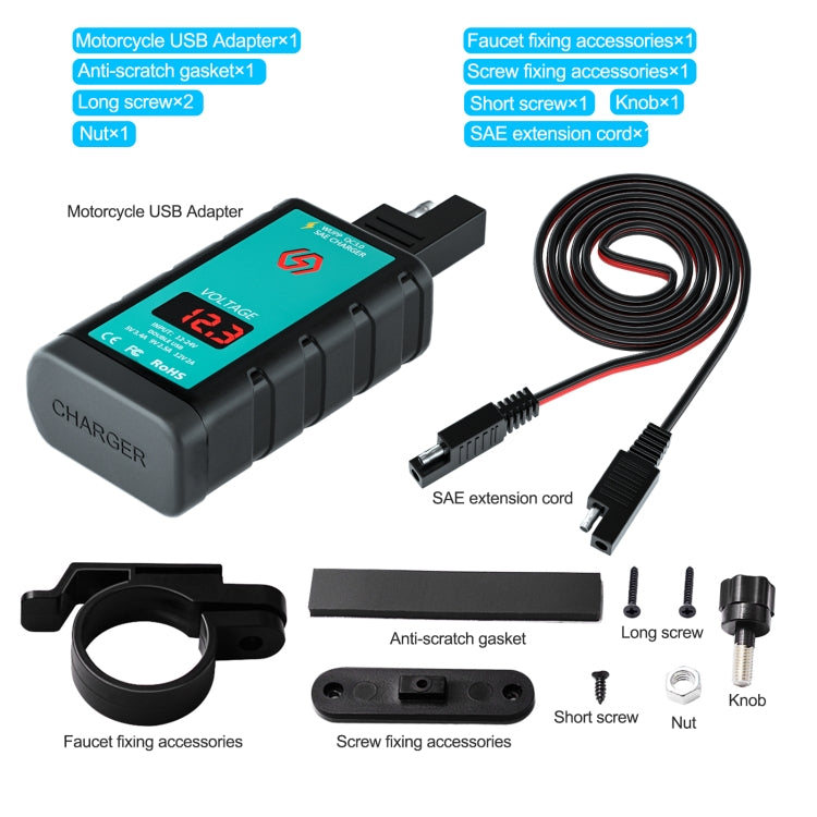 WUPP ZH-1422A2 DC12-24V Motorcycle Square Dual USB Fast Charging Charger with Switch + Voltmeter + Integrated SAE Socket + 1m SAE Socket Cable - Battery Charger by WUPP | Online Shopping UK | buy2fix