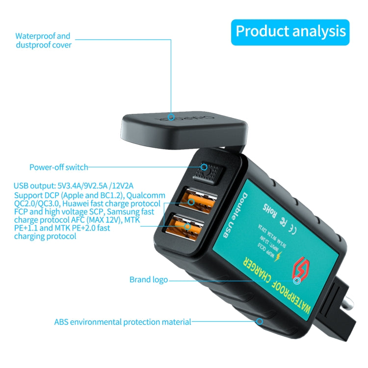 WUPP ZH-1422C3 Motorcycle Square Dual USB Fast Charging Charger with Switch + Integrated SAE Socket + 1.4m OT Terminal Cable - In Car by WUPP | Online Shopping UK | buy2fix