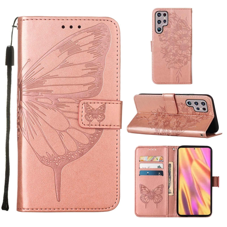 For Samsung Galaxy S22 Ultra 5G Embossed Butterfly Leather Phone Case with Holder & Card Slot & Wallet & Lanyard(Rose Gold) - Samsung Accessories by buy2fix | Online Shopping UK | buy2fix