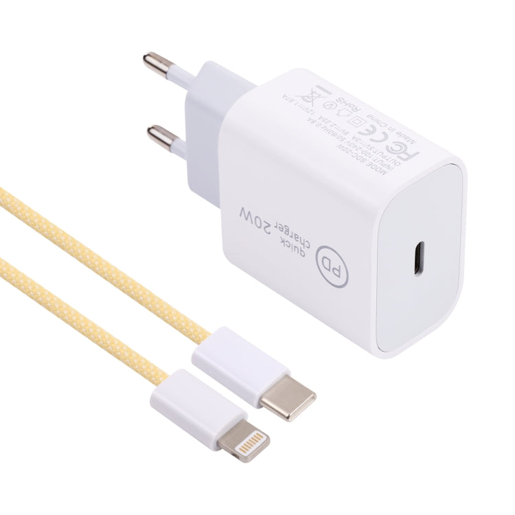 SDC-20W PD USB-C / Type-C Travel Charger + 1m 12W USB-C / Type-C to 8 Pin Data Cable Set, EU Plug(Yellow) - Mobile Accessories by buy2fix | Online Shopping UK | buy2fix