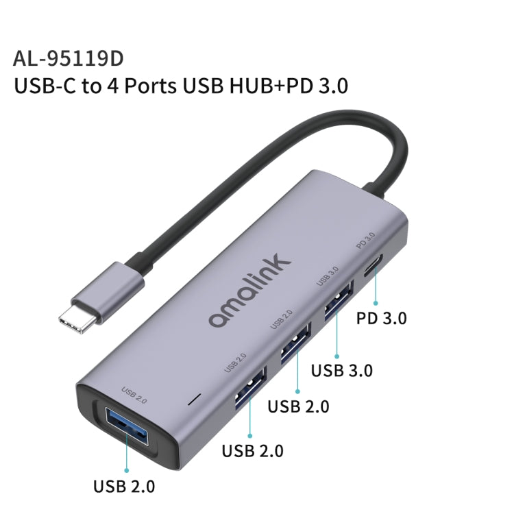 amalink 95119D Type-C / USB-C to 4 Ports USB + PD 3.0 Multi-function HUB Docking Station(Grey) - Computer & Networking by amalink | Online Shopping UK | buy2fix