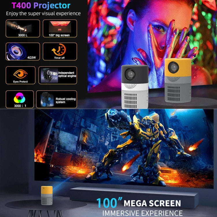 T400 100 inch Screen 3000 Lumens LED Mini Projector, Plug Type:UK Plug(Black White) - Consumer Electronics by buy2fix | Online Shopping UK | buy2fix