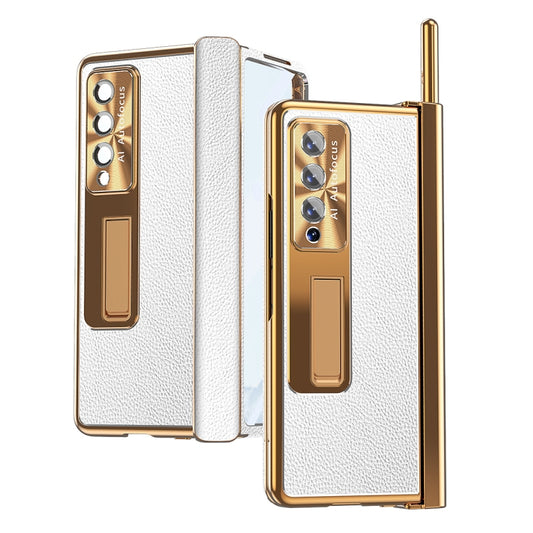 For Samsung Galaxy Z Fold4 Litchi Pattern Magnetic Shell Film Integrated Shockproof Phone Case(Silver Gold) - Galaxy Z Fold4 5G Cases by buy2fix | Online Shopping UK | buy2fix