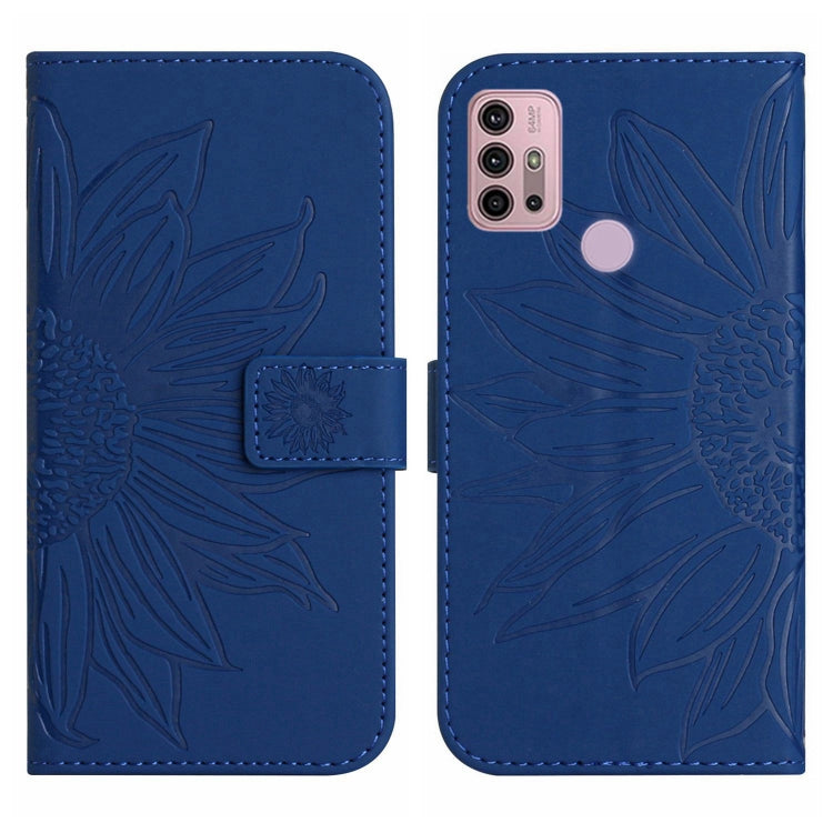 For Motorola Moto G10/G20/G30 Skin Feel Sun Flower Pattern Flip Leather Phone Case with Lanyard(Dark Blue) - Motorola Cases by buy2fix | Online Shopping UK | buy2fix