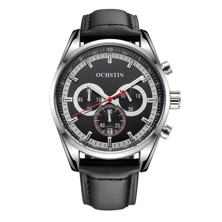 Ochstin 6046A Business Style Quartz Men Leather Watch(Silver+Black) - Leather Strap Watches by OCHSTIN | Online Shopping UK | buy2fix