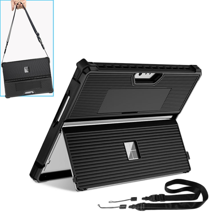 For Microsoft Surface Pro 8 Striped Hollow Tablet Case with Holder Cover and Shoulder Strap(Black) - Others by buy2fix | Online Shopping UK | buy2fix