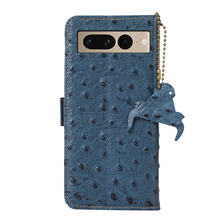 For Google Pixel 7 Ostrich Pattern Genuine Leather RFID Phone Case(Blue) - Google Cases by buy2fix | Online Shopping UK | buy2fix