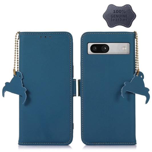 For Google Pixel 7a Genuine Leather Magnetic RFID Leather Phone Case(Blue) - Google Cases by buy2fix | Online Shopping UK | buy2fix