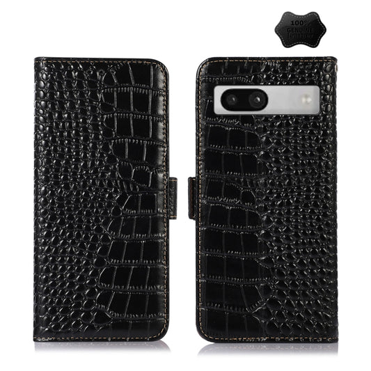 For Google Pixel 7a Crocodile Top Layer Cowhide Leather Phone Case(Black) - Google Cases by buy2fix | Online Shopping UK | buy2fix