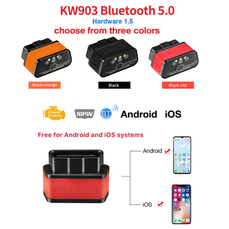 KONNWEI KW903 Bluetooth 5.0 OBD2 Car Fault Diagnostic Scan Tools Support IOS / Android(Black Orange) - Code Readers & Scan Tools by KONNWEI | Online Shopping UK | buy2fix