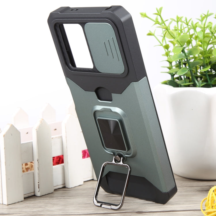 For Xiaomi Redmi Note 12 5G / Poco X5 Camera Shield Card Slot Phone Case with Ring Holder(Dark Green) - Note 12 Cases by buy2fix | Online Shopping UK | buy2fix