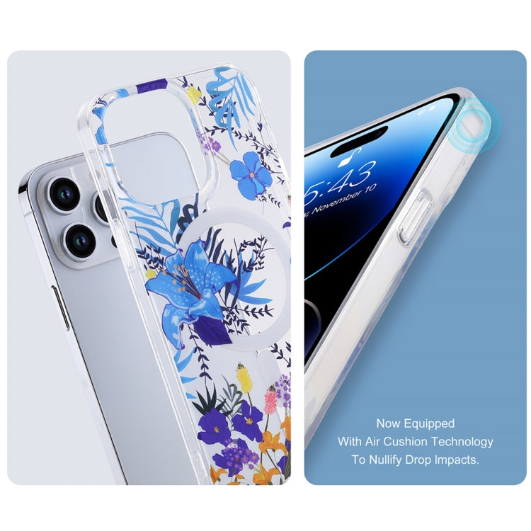 For iPhone 14 Pro Max Transparent Double Sided Magsafe Phone Case(Sky Blue Flower) - iPhone 14 Pro Max Cases by buy2fix | Online Shopping UK | buy2fix
