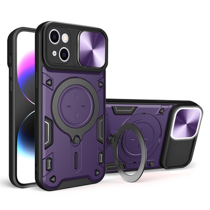 For iPhone 15 CD Texture Sliding Camshield Magnetic Holder Phone Case(Purple) - iPhone 15 Cases by buy2fix | Online Shopping UK | buy2fix