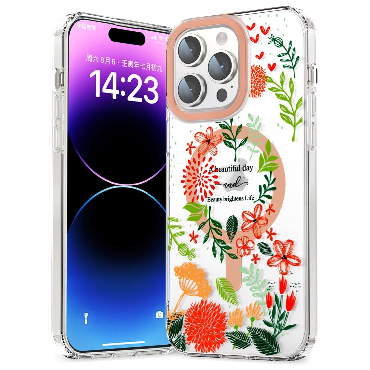 For iPhone 14 Pro Max MagSafe Magnetic TPU Phone Case(Red Flowers and Green Leaves) - iPhone 14 Pro Max Cases by buy2fix | Online Shopping UK | buy2fix