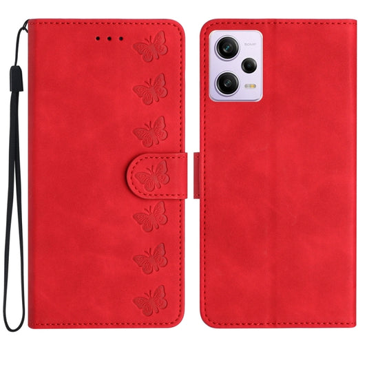 For Xiaomi Redmi Note 12 Pro 5G Global Seven Butterflies Embossed Leather Phone Case(Red) - Note 12 Pro Cases by buy2fix | Online Shopping UK | buy2fix