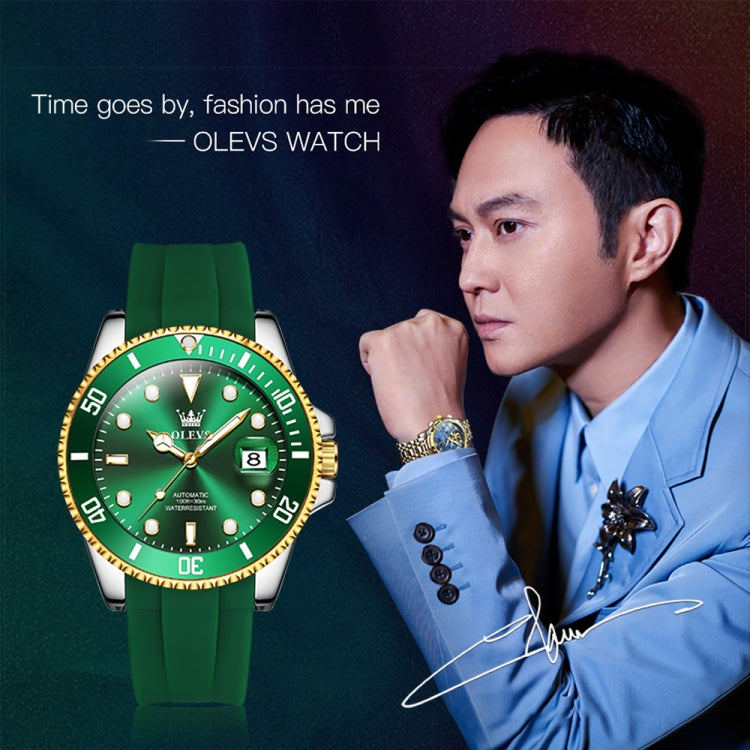 OLEVS 6650 Men Luminous Waterproof Silicone Strap Mechanical Watch(Green + Gold) - Silicone Strap Watches by OLEVS | Online Shopping UK | buy2fix