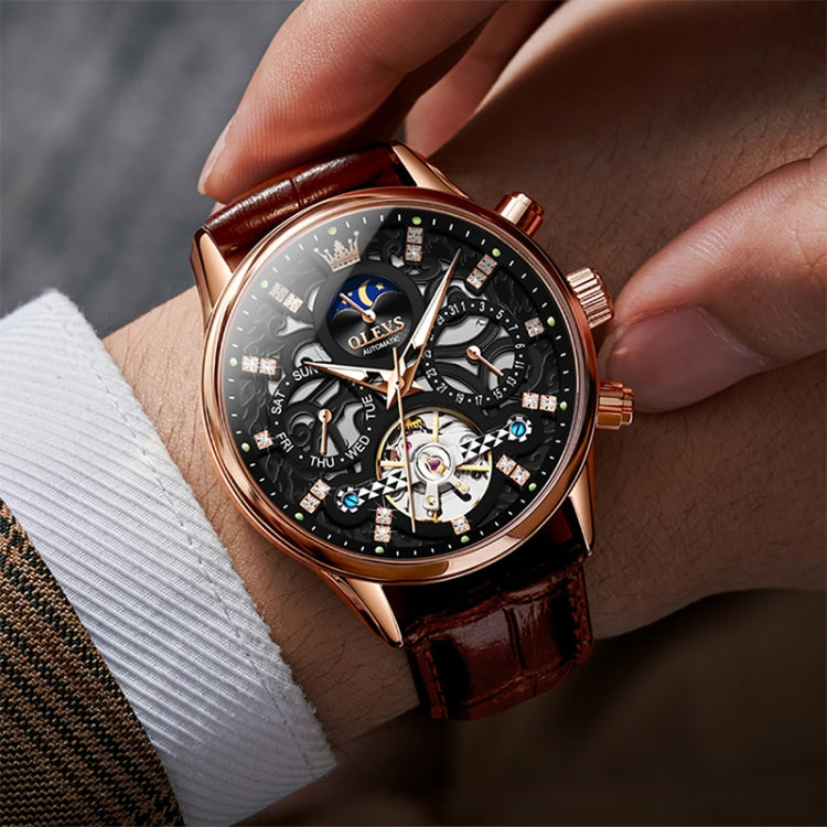 OLEVS 6658 Men Luminous Waterproof Leather Strap Mechanical Watch(Black + Rose Gold) - Leather Strap Watches by OLEVS | Online Shopping UK | buy2fix