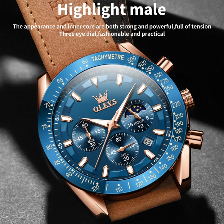 OLEVS 9957 Men Luminous Waterproof Leather Strap Quartz Watch(Blue) - Leather Strap Watches by OLEVS | Online Shopping UK | buy2fix