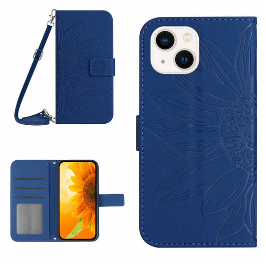 For iPhone 15 Plus Skin Feel Sun Flower Embossed Flip Leather Phone Case with Lanyard(Dark Blue) - iPhone 15 Plus Cases by buy2fix | Online Shopping UK | buy2fix