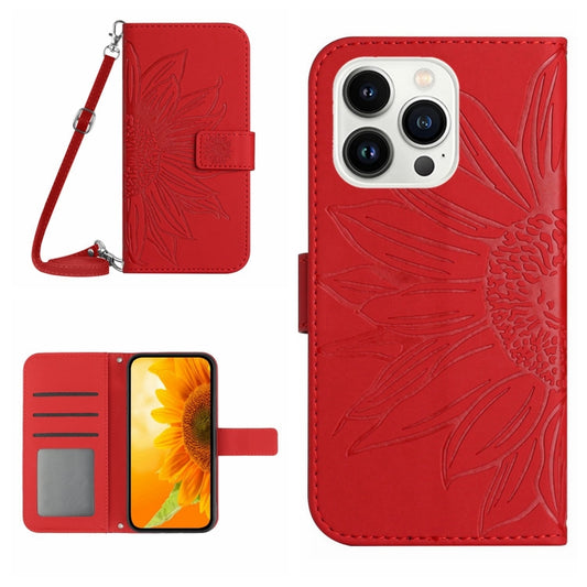 For iPhone 15 Pro Skin Feel Sun Flower Embossed Flip Leather Phone Case with Lanyard(Red) - iPhone 15 Pro Cases by buy2fix | Online Shopping UK | buy2fix