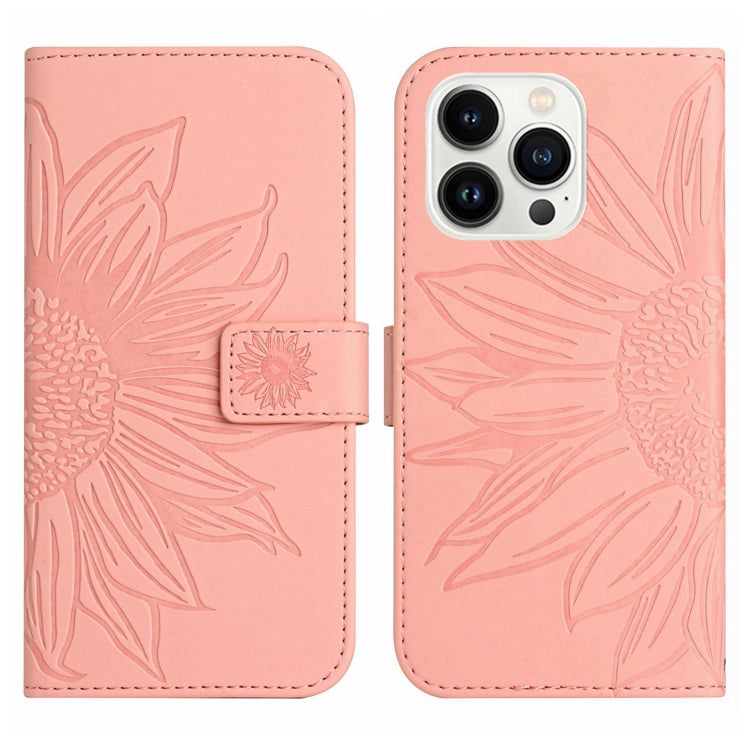 For iPhone 15 Pro Max Skin Feel Sun Flower Embossed Flip Leather Phone Case with Lanyard(Pink) - iPhone 15 Pro Max Cases by buy2fix | Online Shopping UK | buy2fix