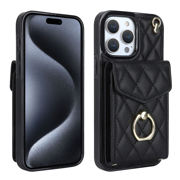 For iPhone 15 Pro Max Rhombic Texture Card Bag Phone Case with Long Lanyard(Black) - iPhone 15 Pro Max Cases by buy2fix | Online Shopping UK | buy2fix