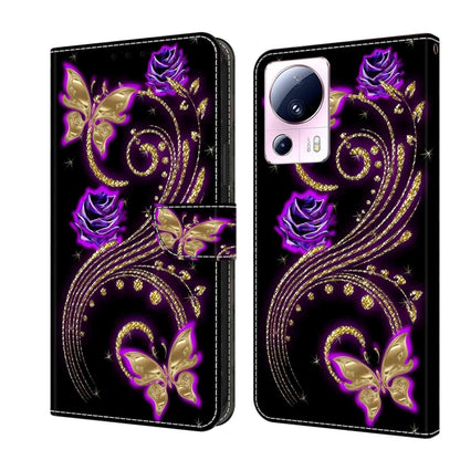 For Xiaomi 13 Lite Crystal 3D Shockproof Protective Leather Phone Case(Purple Flower Butterfly) - 13 Lite Cases by buy2fix | Online Shopping UK | buy2fix