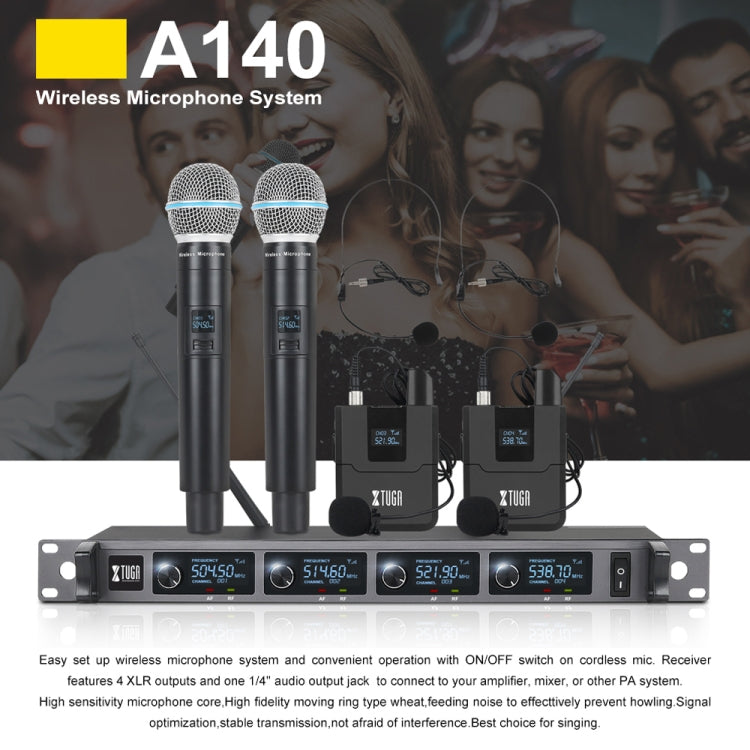 XTUGA A140-H Wireless Microphone System 4 Channel UHF Handheld Microphone(UK Plug) - Microphone by XTUGA | Online Shopping UK | buy2fix