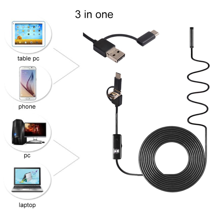 AN100 3 in 1 IP67 Waterproof USB-C / Type-C + Micro USB + USB HD Endoscope Snake Tube Inspection Camera for Parts of OTG Function Android Mobile Phone, with 6 LEDs, Lens Diameter:7mm(Length: 2m) - Consumer Electronics by buy2fix | Online Shopping UK | buy2fix
