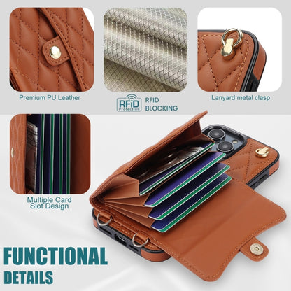 For iPhone 15 Pro Max Crossbody Rhombic Horizontal Wallet Leather Phone Case(Brown) - iPhone 15 Pro Max Cases by buy2fix | Online Shopping UK | buy2fix