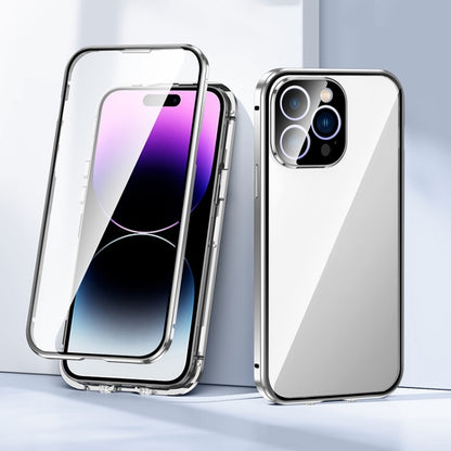 For iPhone 15 Pro Max Magnetic Double-buckle HD Tempered Glass Phone Case(Silver) - iPhone 15 Pro Max Cases by buy2fix | Online Shopping UK | buy2fix