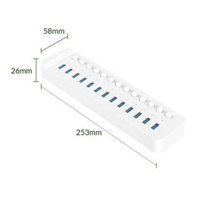 ORICO CT2U3-13AB Plastic Stripes 13 Ports USB 3.0 HUB with Individual Switches, Plug:UK Plug(White) - USB 3.0 HUB by ORICO | Online Shopping UK | buy2fix