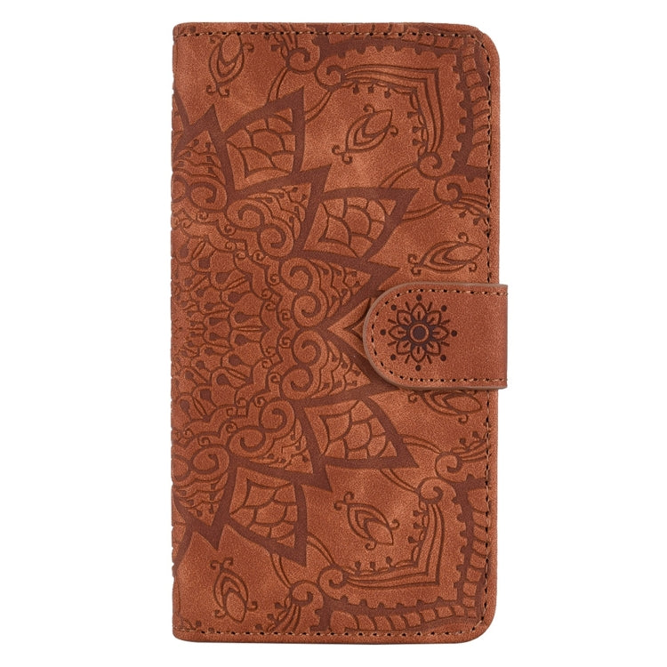 For iPhone 15 Pro Max Mandala Embossed Dual-Fold Calf Leather Phone Case(Brown) - iPhone 15 Pro Max Cases by buy2fix | Online Shopping UK | buy2fix