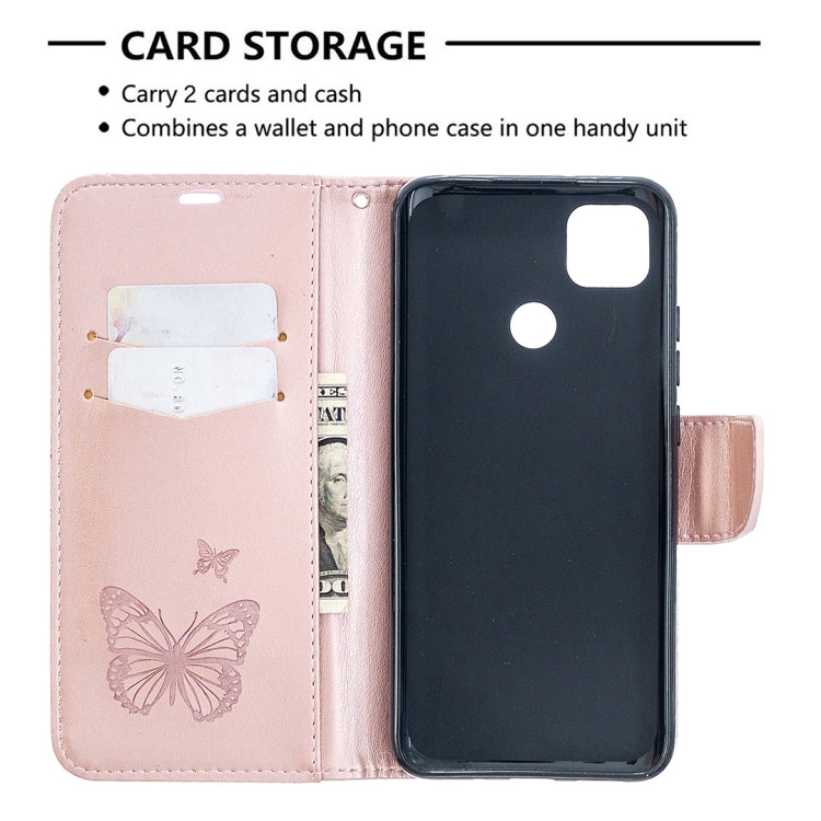 For Xiaomi Redmi 9C Two Butterflies Embossing Pattern Horizontal Flip Leather Case with Holder & Card Slot & Wallet & Lanyard(Rose Gold) - Xiaomi Cases by buy2fix | Online Shopping UK | buy2fix