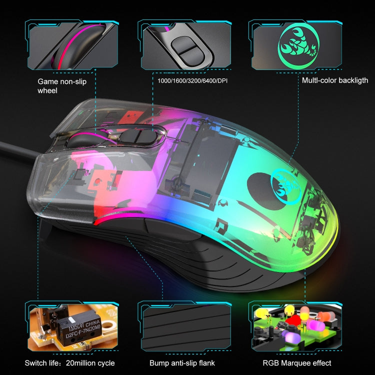 HXSJ A867 USB 6400DPI Four-speed Adjustable RGB Illuminate Wired E-sport Gaming Mouse, Length: 1.5m - Wired Mice by HXSJ | Online Shopping UK | buy2fix