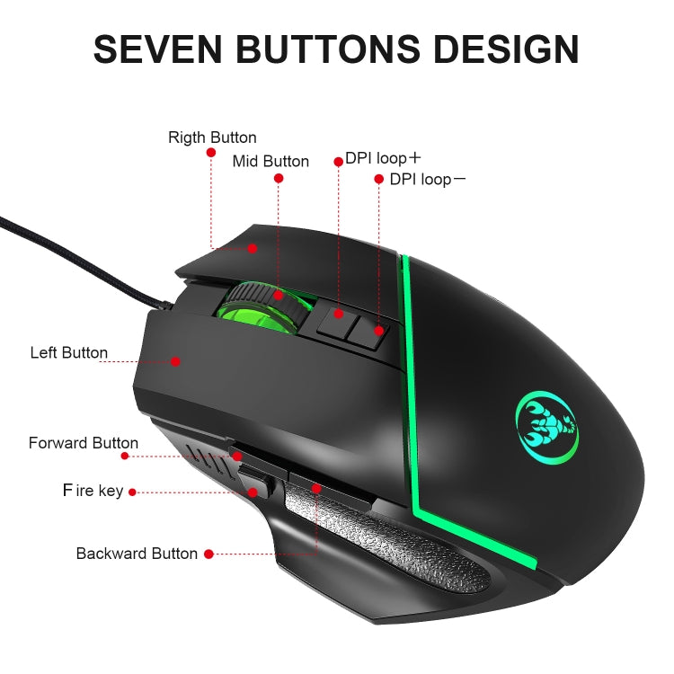 HXSJ A876 Wired Mouse Colorful Synchronous Light Emission 6400dpi Adjustable Light Gaming Mouse, Length: 150cm - Wired Mice by HXSJ | Online Shopping UK | buy2fix