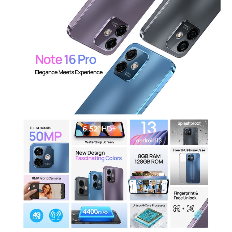 Ulefone Note 16 Pro, 8GB+128GB, Dual Back Cameras, Face ID & Side Fingerprint Identification, 4400mAh Battery, 6.52 inch Android 13 Unisoc T606 OctaCore up to 1.6GHz, Network: 4G, Dual SIM, OTG(Blue) - Ulefone by Ulefone | Online Shopping UK | buy2fix