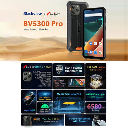 Blackview BV5300 Pro Rugged Phone, 4GB+64GB, IP68/IP69K/MIL-STD-810H, Face Unlock, 6580mAh Battery, 6.1 inch Android 12 MTK6765 Helio P35 Octa Core up to 2.3GHz, Network: 4G, OTG, NFC, Dual SIM(Green) - Blackview by Blackview | Online Shopping UK | buy2fix